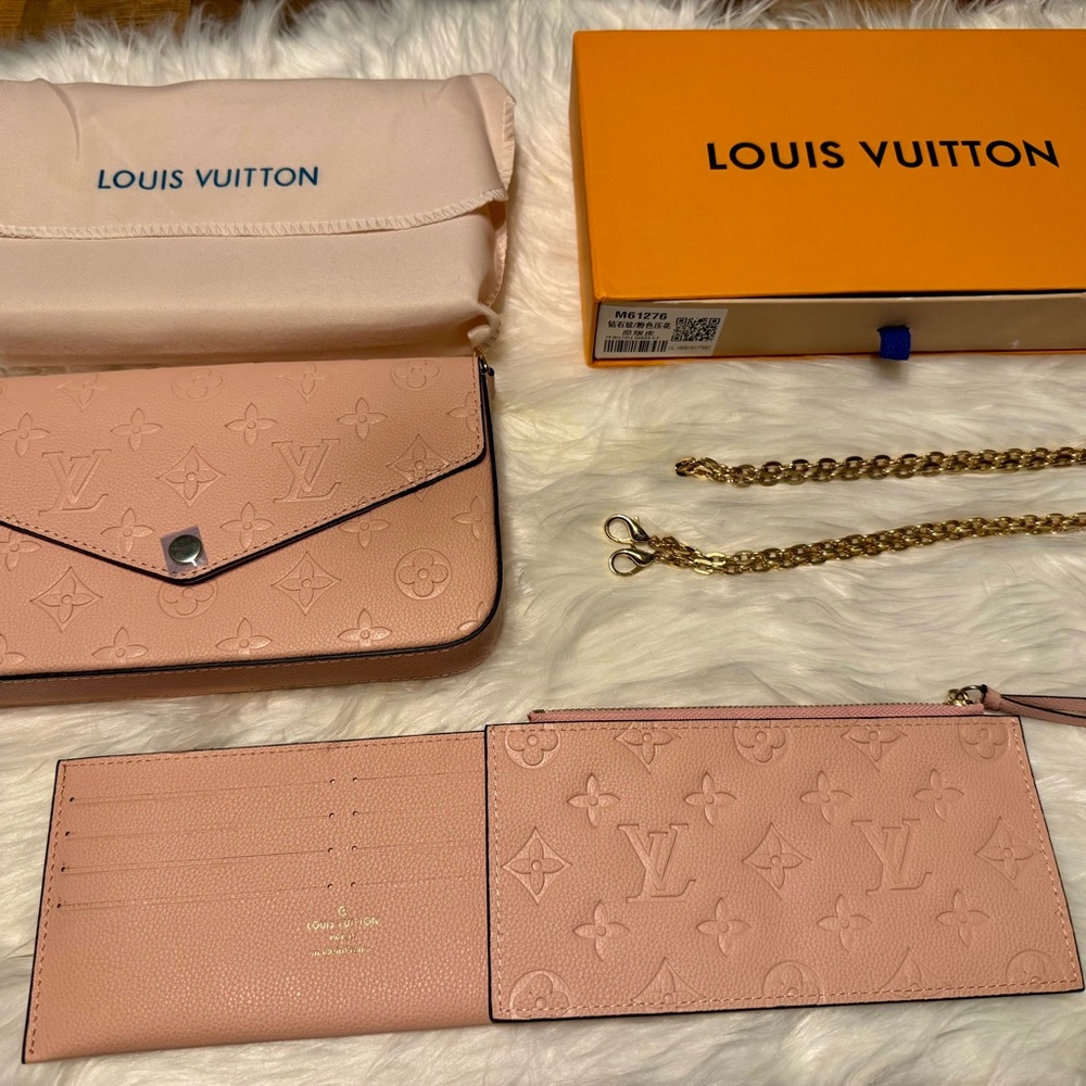 Pink monogram Felicie Pochette with golden crossbody chain